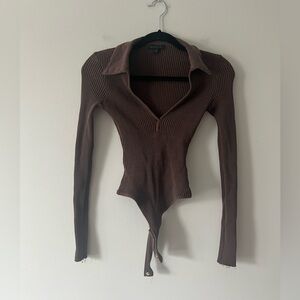 The Range Ribbed Zip Bodysuit Brown Collared Long Sleeve Stretch Cotton Size S